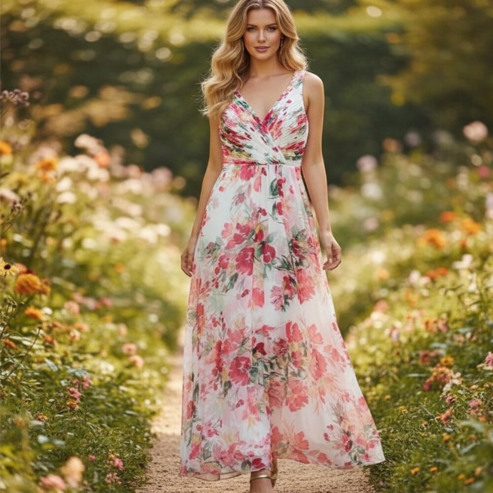 Calvin Klein Floral Chiffon Maxi Dress V Neck Shirred Bodice SIZE 4 NWT